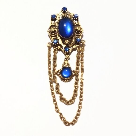 Vintage Victorian Style Gold Tone Blue Cabochon Statement Brooch - Picture 5 of 7